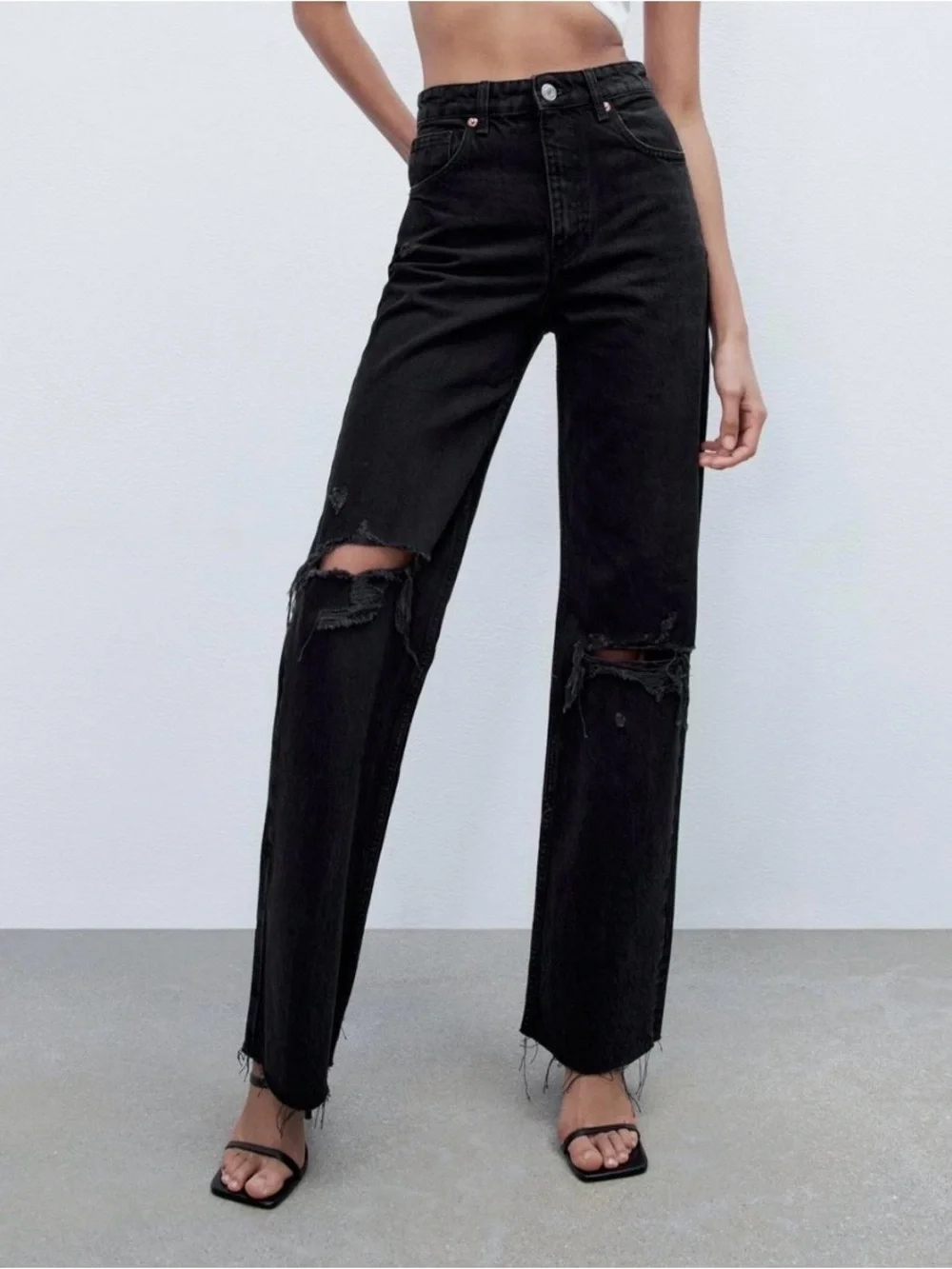 Zara washed black wide leg ripped jeans - Picture 1 of 9